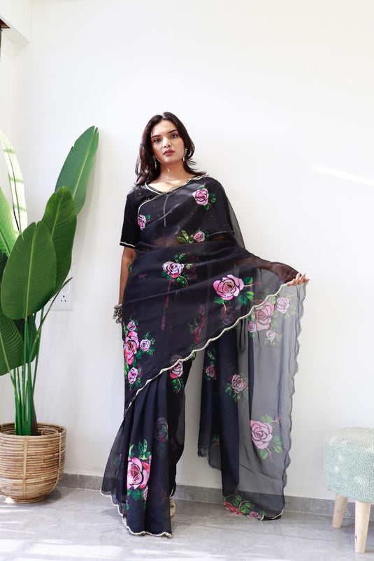 Black Pure And Soft Organza Silk Floral Print Khatli Cutdana Jardosi Work Saree