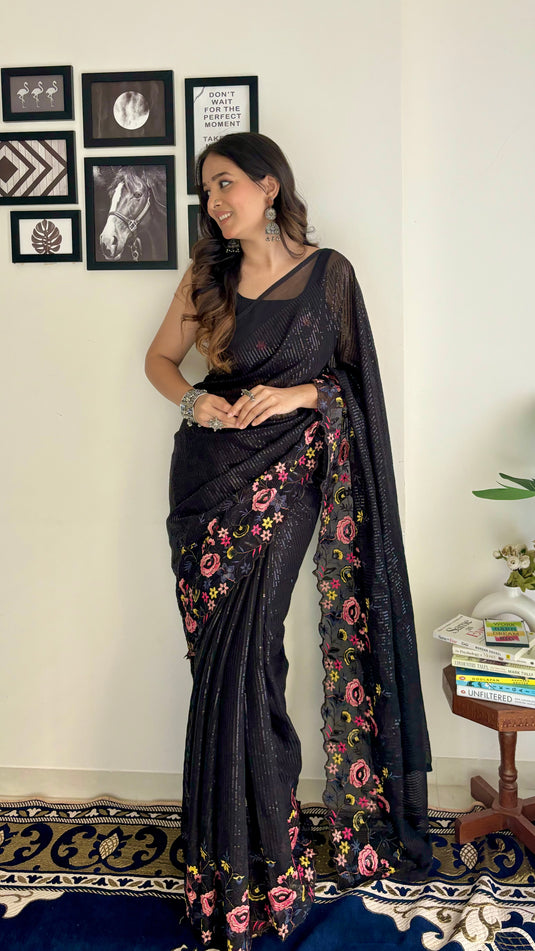 Black Latest Heavy Georgette Sequence Embroidered Work Saree