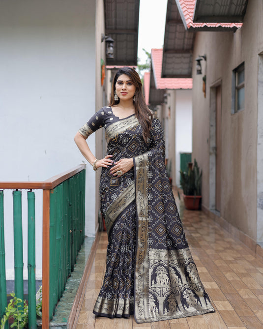 Black Premium Dola Silk Traditional Bandej Saree With Zari Weaving Border