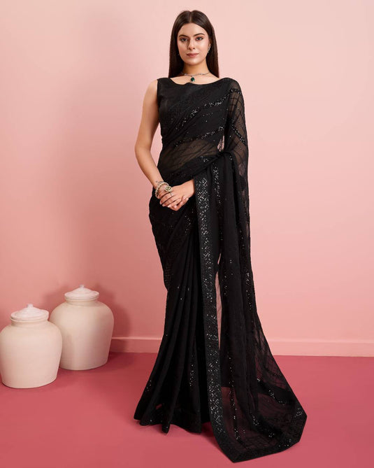 Black Premium Soft Georgette Sequence Embroidered Work Saree