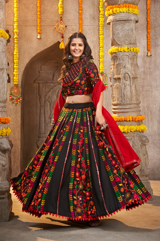 Black Viscose Rayon Thread Embroidered Semi Stitched Lehenga Choli