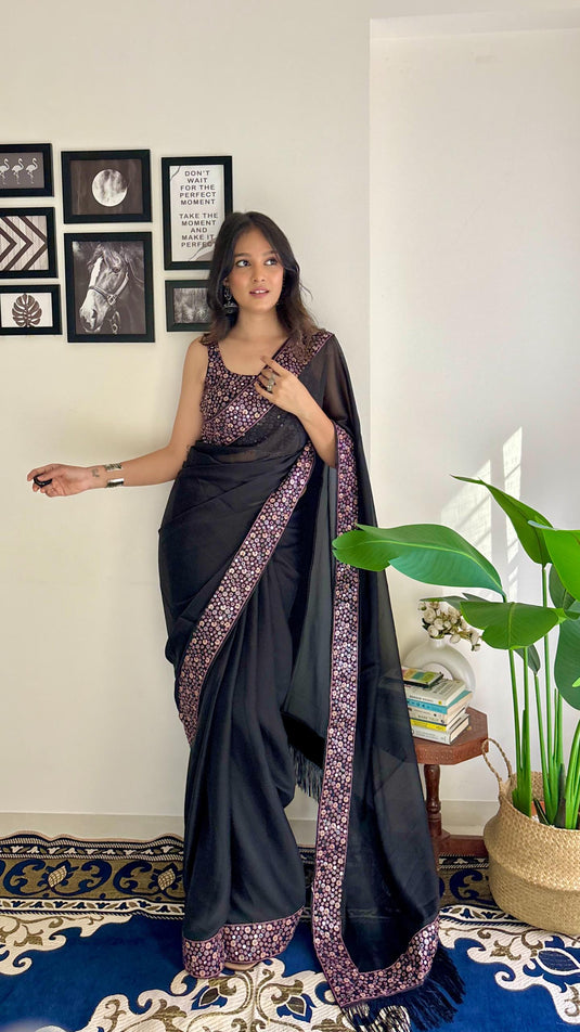 Black Heavy Georgette Sequence Embroidered Work Saree