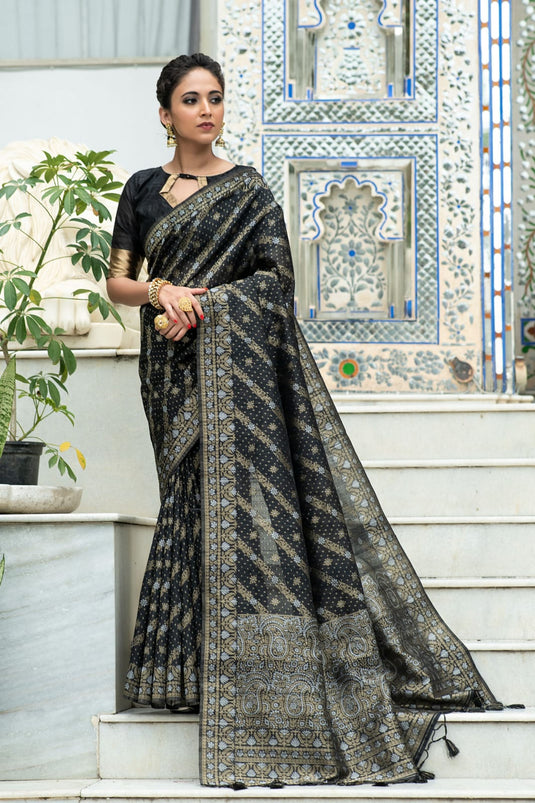 Black Tussar Silk Jamdani Weaving Zari Woven Saree