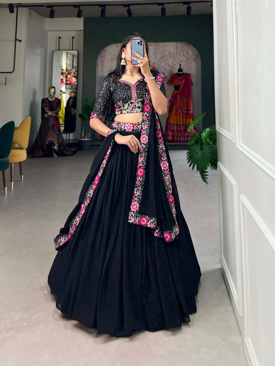 Black Georgette Sequence And Thread Embroidered Semi Stitched Lehenga Choli