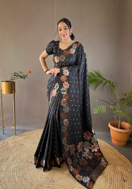 Black classic soft silk copper and gold floral weaving saree