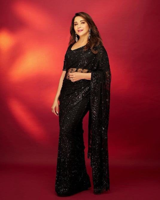 Black Bollywood Inspired Soft Net Sequence Embroidered Party Wear Saree