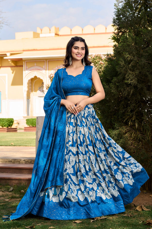 Blue Tussar Silk Floral Print Semi Stitched Lehenga Choli