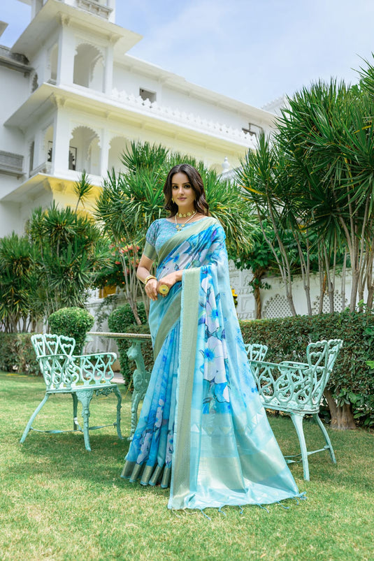 Blue Soft Linen Cotton Digital Printed Summer Saree