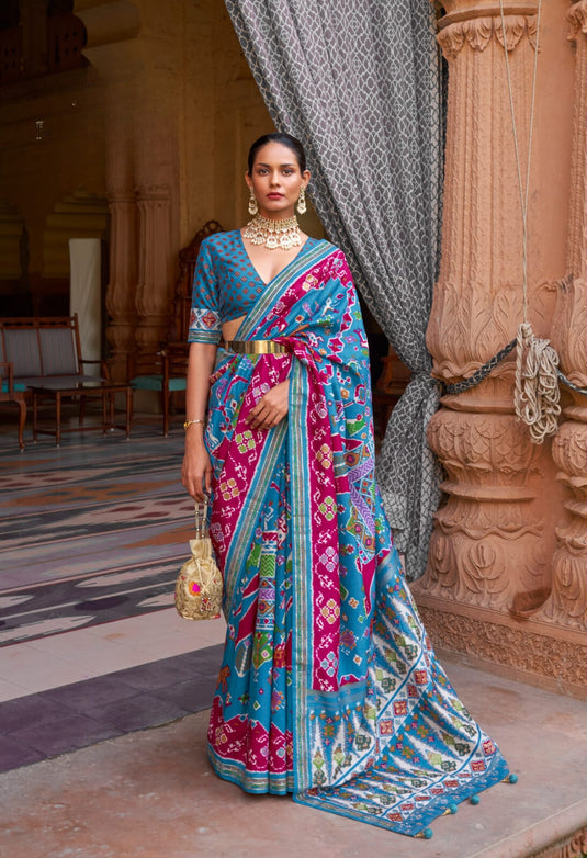 Blue Pure Silk Designer Patola Printed Traditional Saree