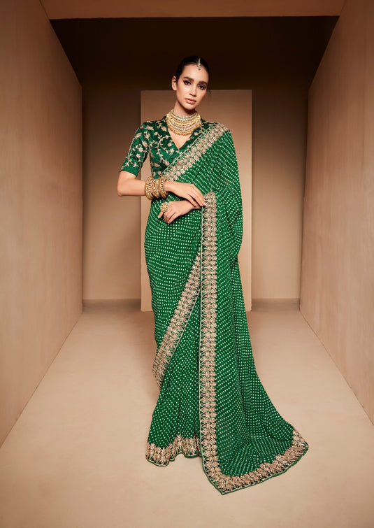 Bottle Green Heavy Georgette Traditional Printed Border Embroidered Saree