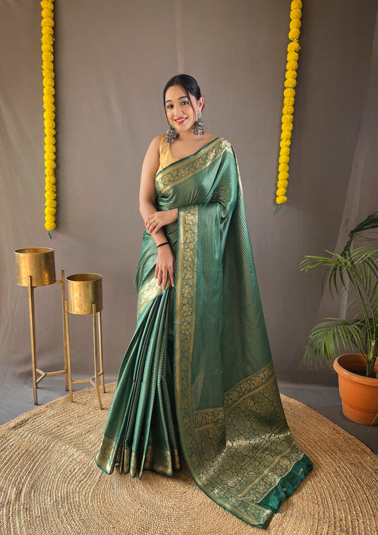 Bottle Green Classic Soft Silk Copper Weaving Saree