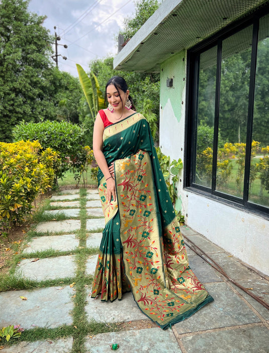 Bottle Green Classic Pure Paithani Traditional Border Zari Weaving Saree