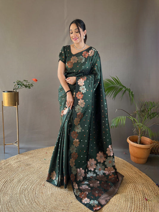 Bottle Green classic soft silk copper and gold floral weaving saree