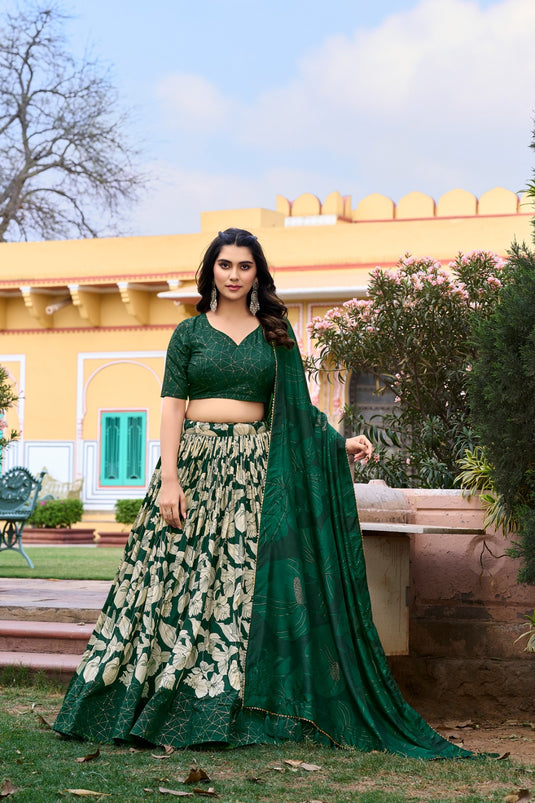 Bottle Green Tussar Silk Floral Print Semi Stitched Lehenga Choli