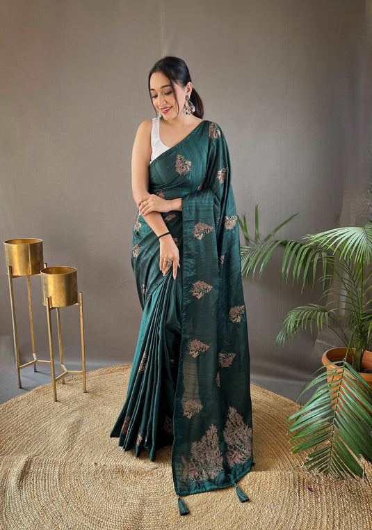 Bottle Green Silk Zari Based Embroidered Saree