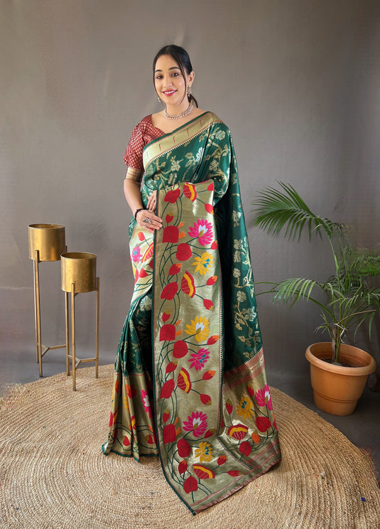 Bottle Green Soft Paithani Silk Rich Weaving Traditional Saree