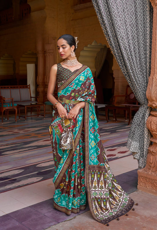 Brown Pure Silk Designer Patola Printed Traditional Saree