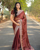 Brown Designer Burberry Silk Heavy Thread Embroidered Saree