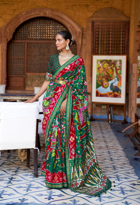 Dark Green Pure Silk Designer Patola Printed Traditional Saree