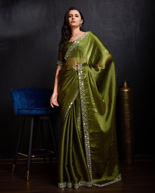 Dark Green Designer Burberry Silk Swarovski And Mirror Work Saree