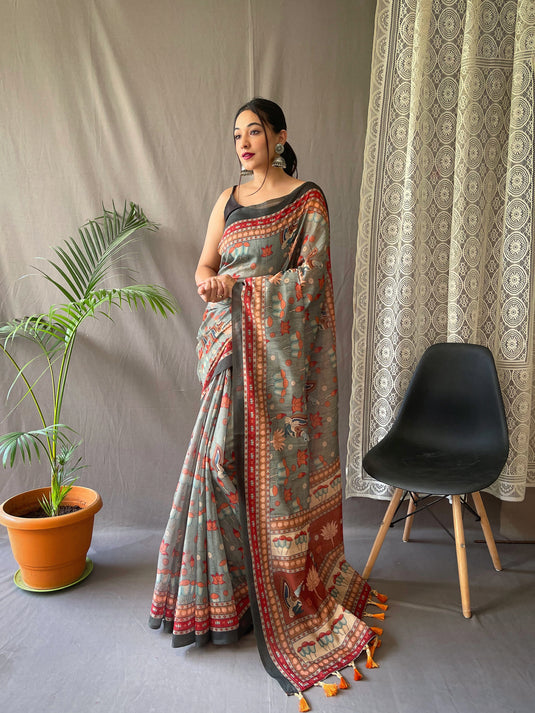 Dark Grey Malai Cotton Kalamkari Print Saree