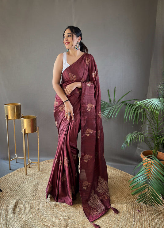 Dark Maroon Silk Zari Based Embroidered Saree