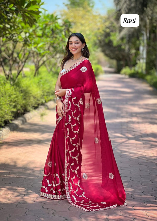 Pink Soft Satin Chiffon Foil Thread Embroidered Work Saree