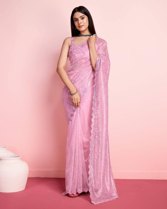 Dark Pink Twill Net Sequence Embroidered Work Saree