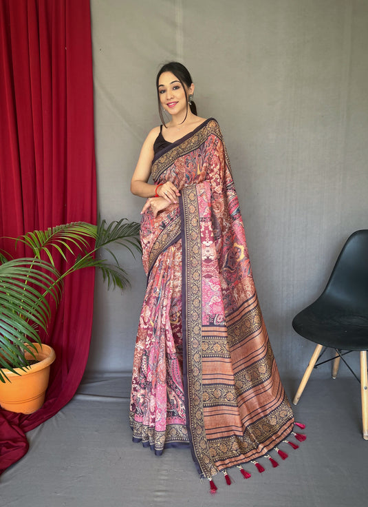 Dark Pink Pure Cotton Kashmiri Floral Print Saree