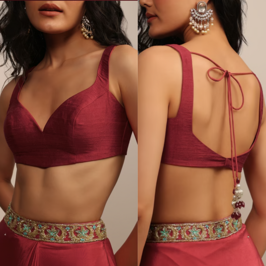 Maroon Raw Silk Sweetheart Neck Custom Made Blouse