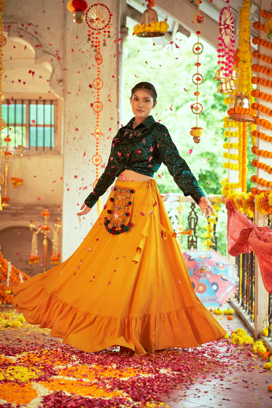 Bottle Green-Mustard Yellow Gaji Silk Printed And Embroidered Work Lehenga Choli