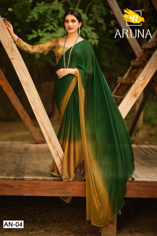 Green Trendy 3D Velvet Chiffon Ombre Saree With Sequence Embroidered Blouse