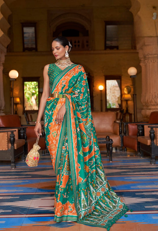 Green Pure Silk Designer Patola Printed Traditional Saree