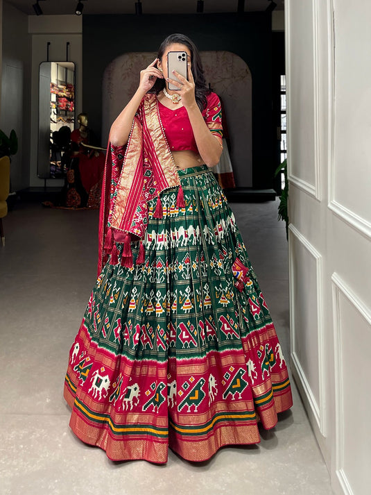 Green Tussar Silk Patola Print Semi Stitched Lehenga Choli