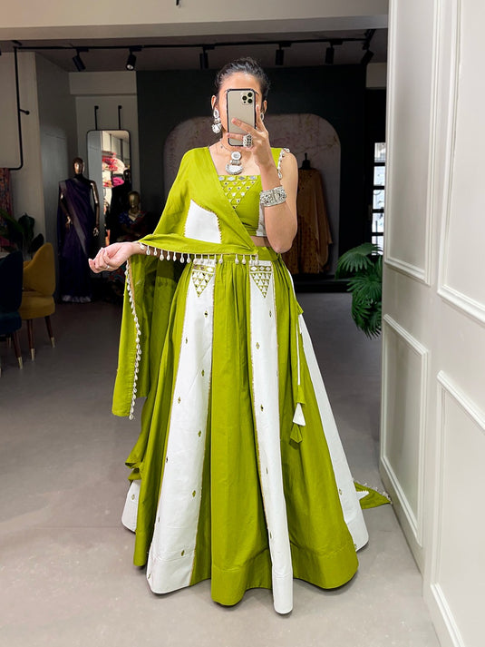 Parrot Green Pure Cotton Mirror Work Fully Stitched Lehenga Choli