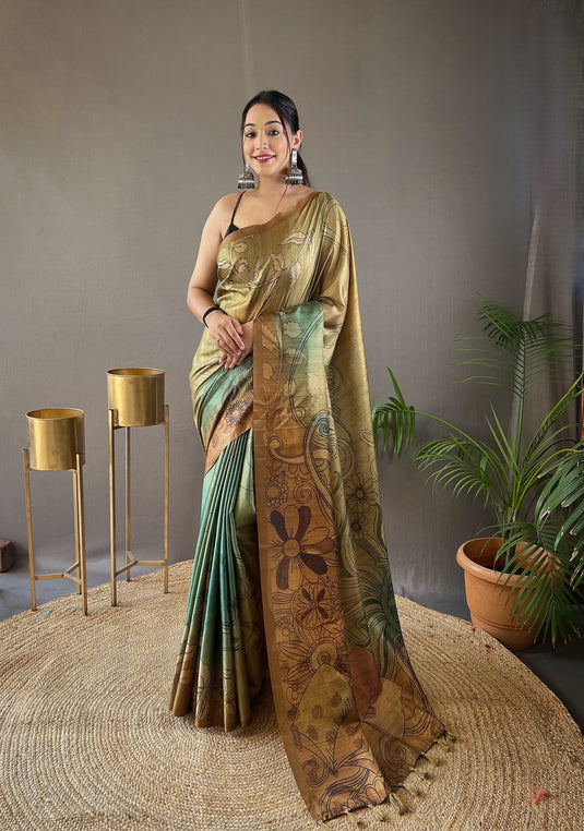 Green satin cotton kalamkari digital printed saree