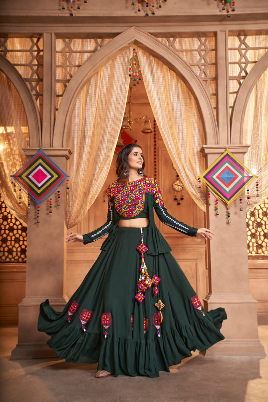 Bottle Green Viscose Rayon Thread And Mirror Embroidered Fully Stitched Lehenga Choli