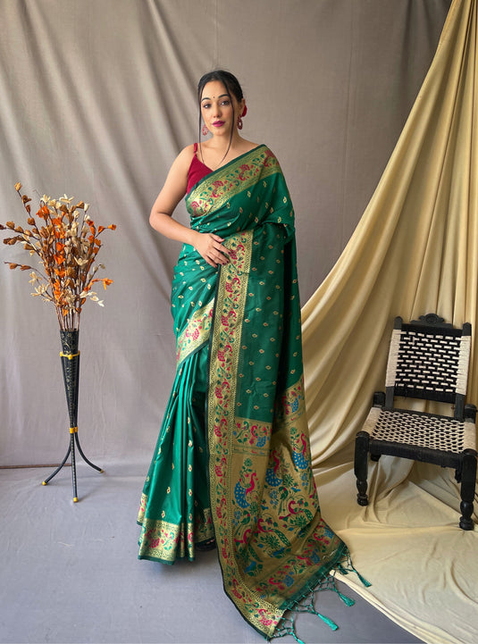 Green Paithani Soft Silk Peacock Motif Saree