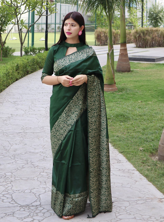 Green Elegant Handloom Raw Silk Rich Weaving Pallu Saree