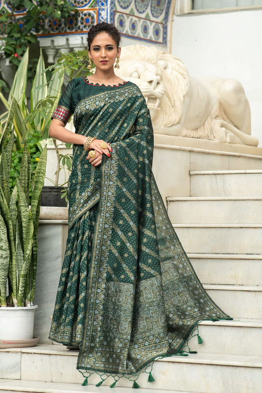 Green Tussar Silk Jamdani Weaving Zari Woven Saree