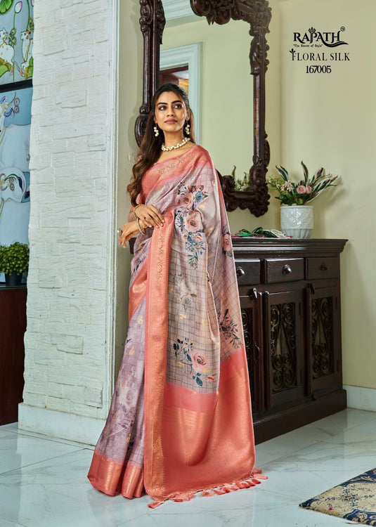 Grey Pure Handloom Kotha Silk Floral Printed Zari Weaving Saree