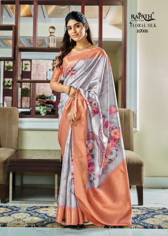 Grey Pure Handloom Kotha Silk Floral Printed Zari Weaving Saree