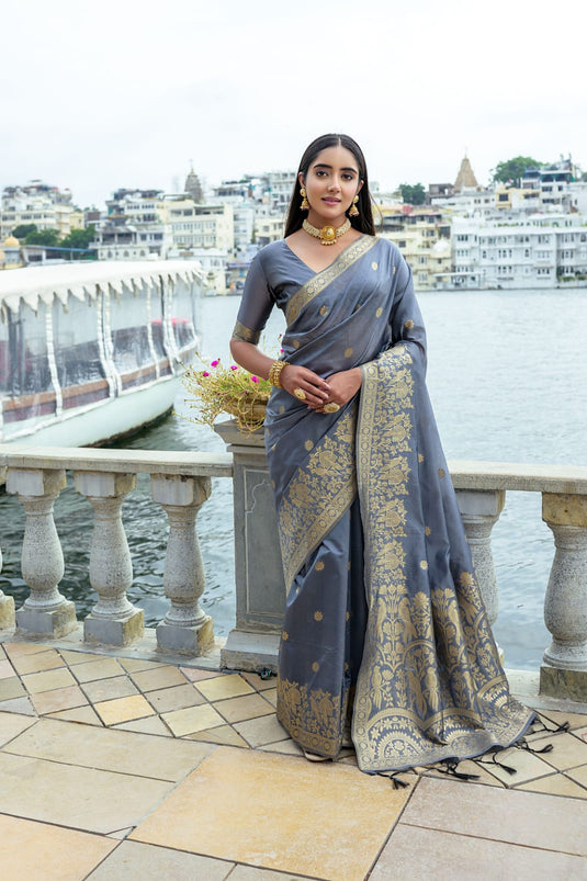 Grey Premium Soft Silk Zari Weaving Saree