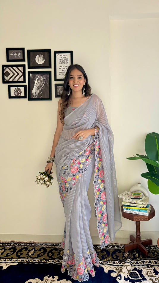 Grey Latest Heavy Georgette Sequence Embroidered Work Saree