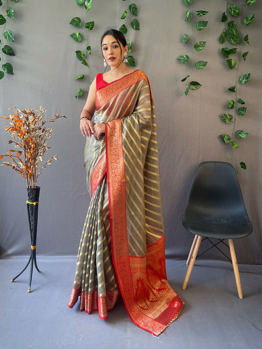 Grey Pure Organza Jacquard Border Saree