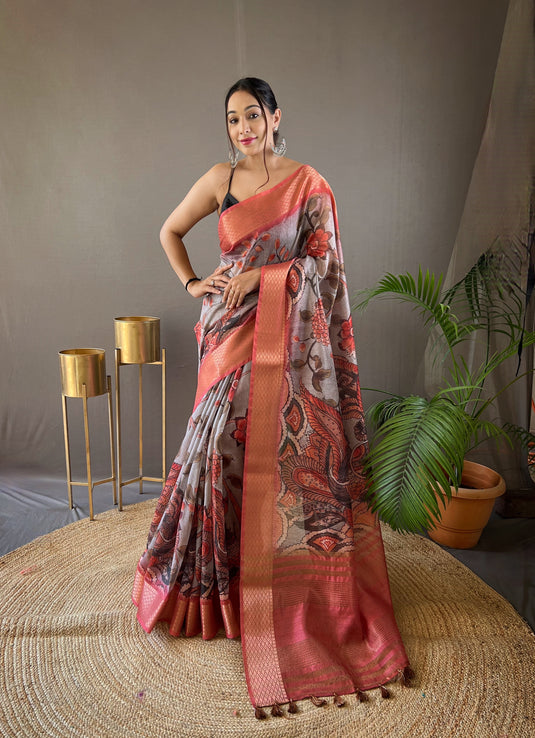 Grey pure tussar silk kalamkari digital printed saree