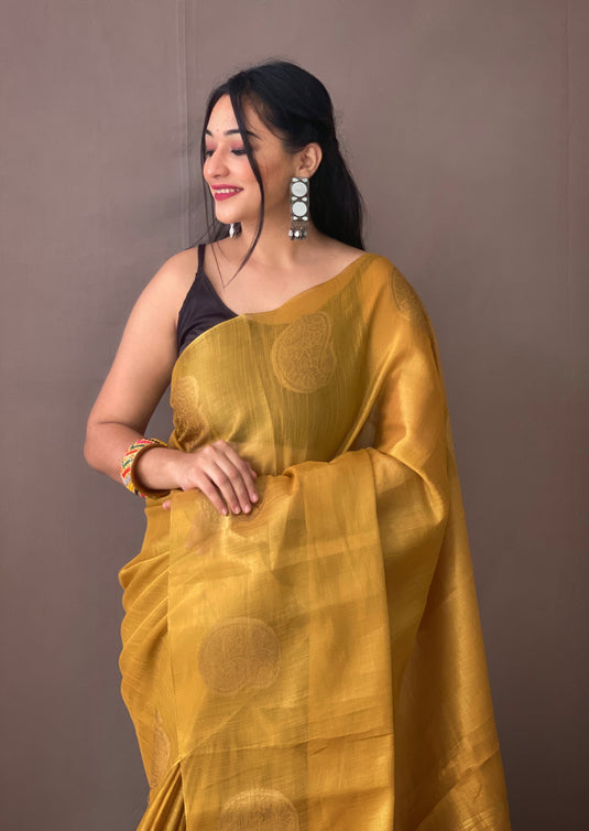 Mustard Yellow Classic Tissue Silk Zari Weaving With Mango Border Saree