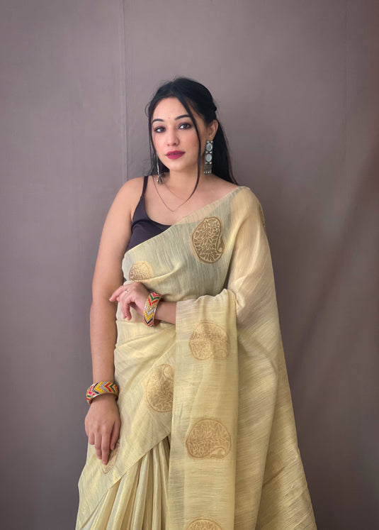 Beige Classic Tissue Silk Zari Weaving With Mango Border Saree