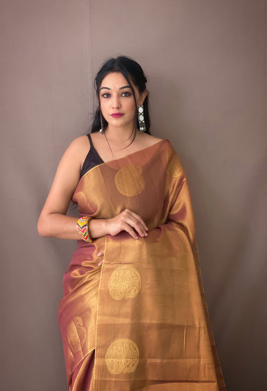 Onion Classic Tissue Silk Zari Weaving With Mango Border Saree