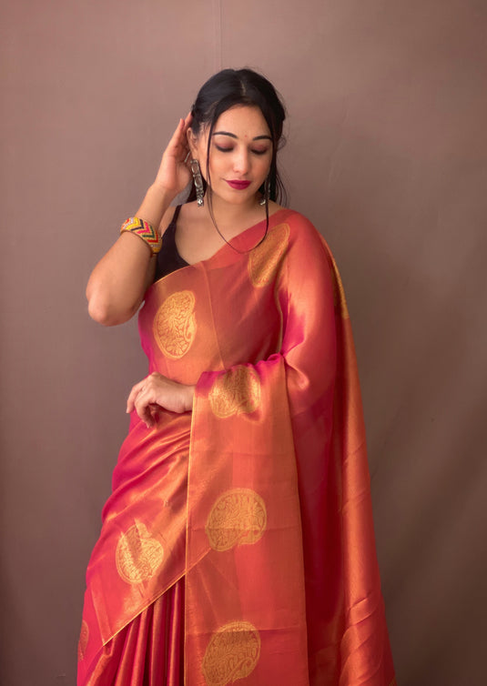 Pink Classic Tissue Silk Zari Weaving With Mango Border Saree